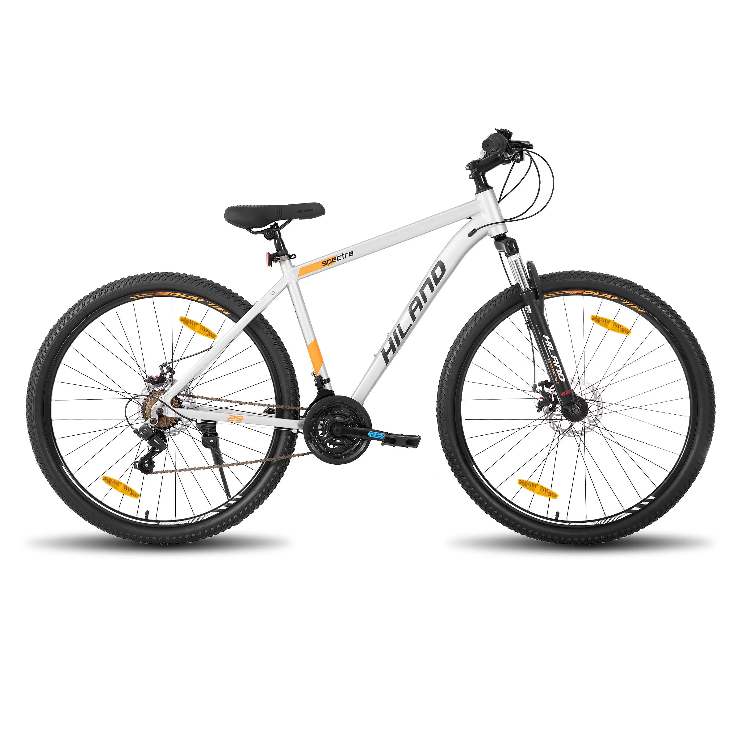 Mountain bike with Shimano 21-speed drivetrain, featuring a sturdy frame and gear shifters for versatile outdoor cycling.