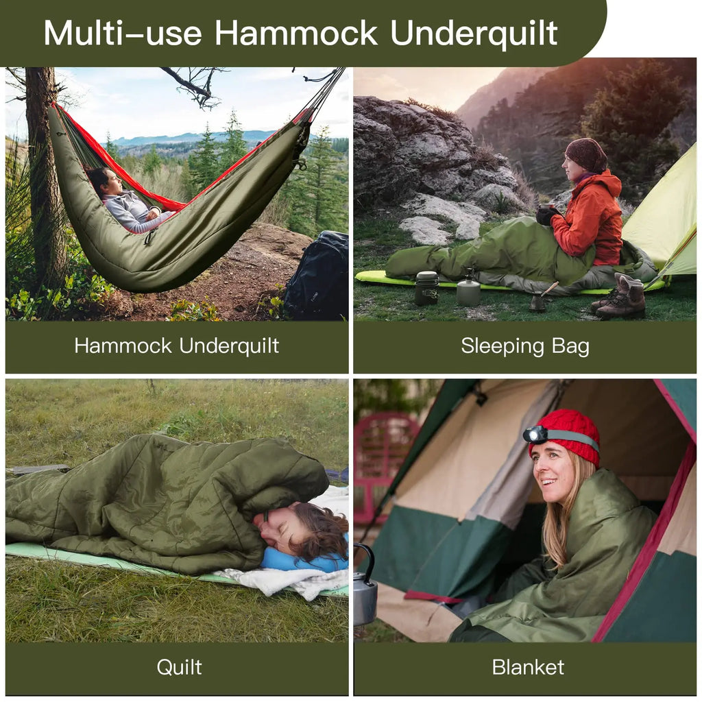 Your Outdoors n' More night hammock and sleeping bag set, shown hanging with sleeping bag inside, ideal for outdoor camping.