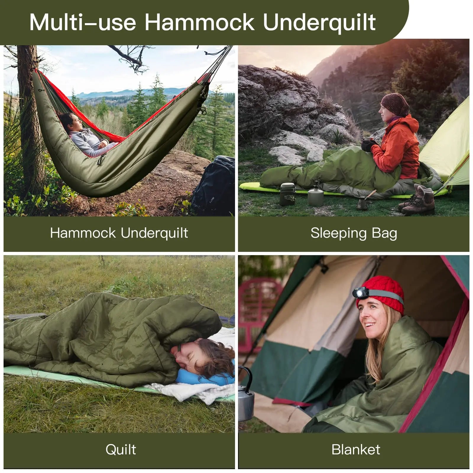 Your Outdoors n' More night hammock and sleeping bag set, shown hanging with sleeping bag inside, ideal for outdoor camping.