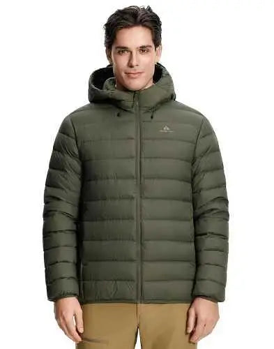 Men's down puffer jacket with hood by Your Outdoors n' More, shown in a close-up of the insulated, lightweight winter outerwear.