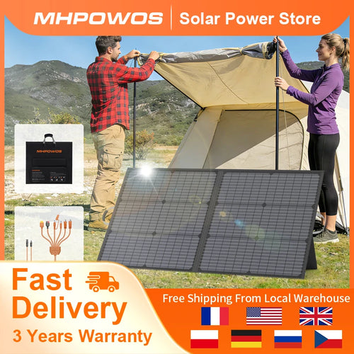 Portable 20V 110W solar panel by Your Outdoors n' More, shown unfolded with multiple photovoltaic cells for outdoor power generation.
