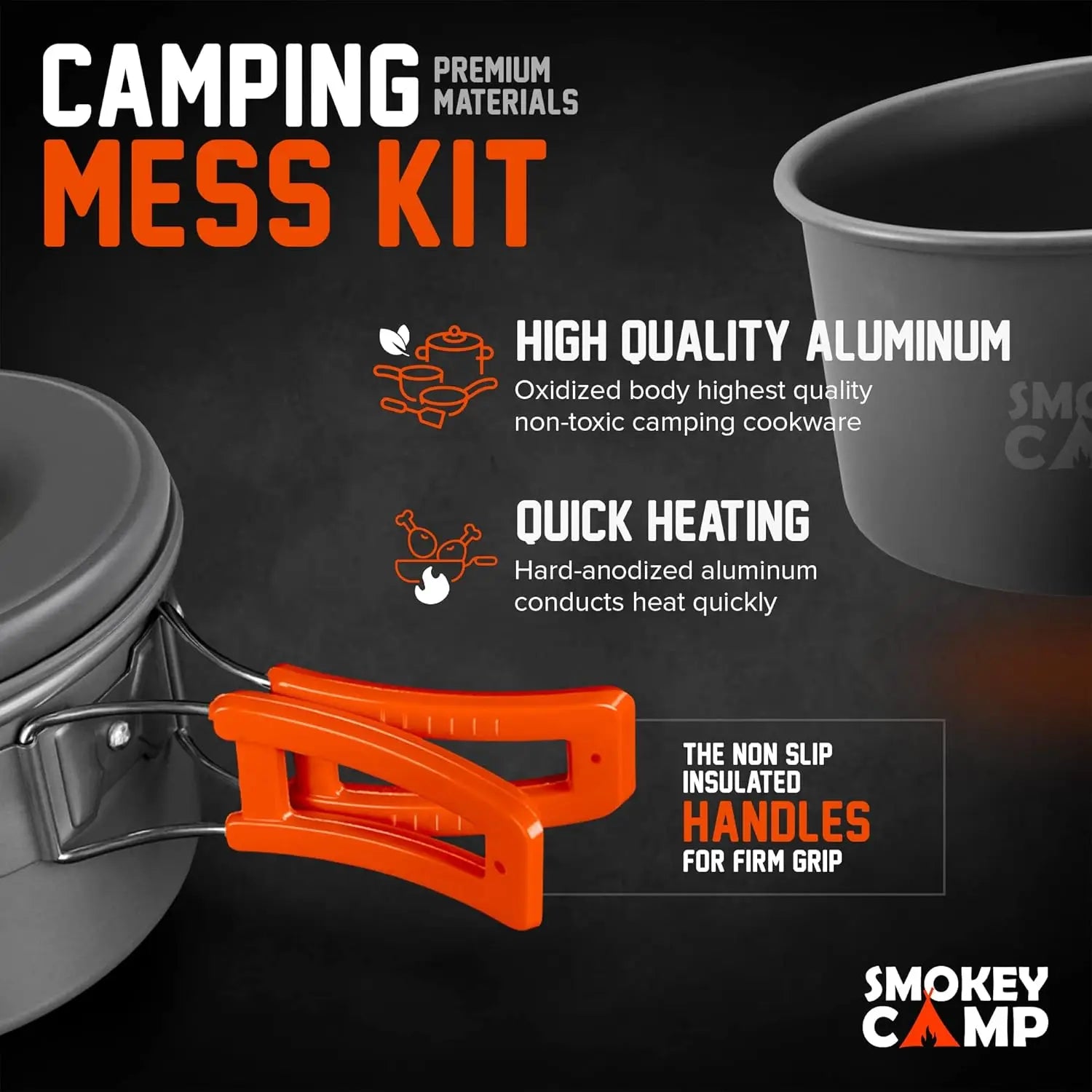 Camping cookware mess kit set with stove from Your Outdoors n' More, including pots, pans, utensils, and compact stove for outdoor cooking.