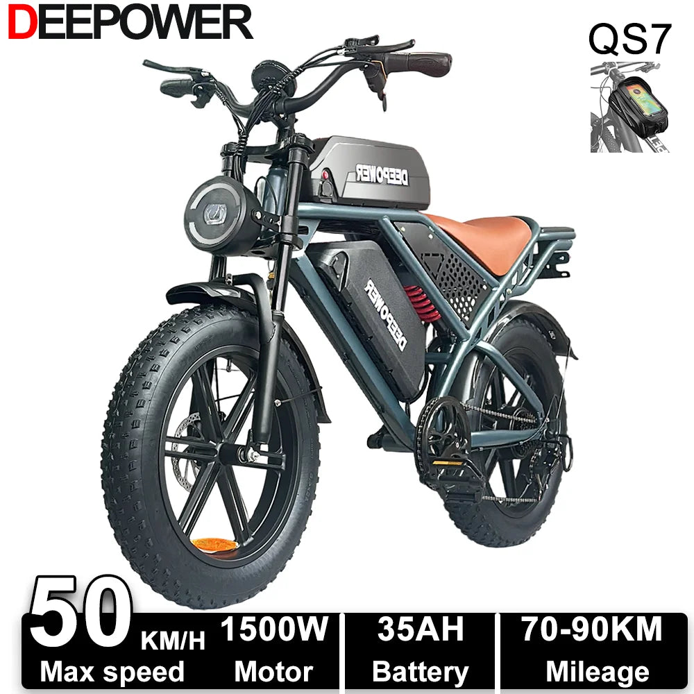 DEEPOWER QS7 electric bike with 20-inch fat tires, dual batteries, off-road design, 1500W motor, and 48V 60Ah capacity.