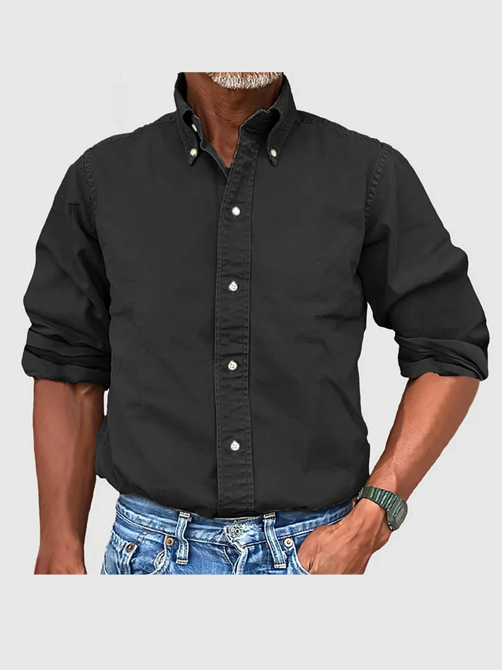 Men's casual fit long sleeve button-down shirt with turn-down collar in solid color, ideal for spring and autumn fashion.