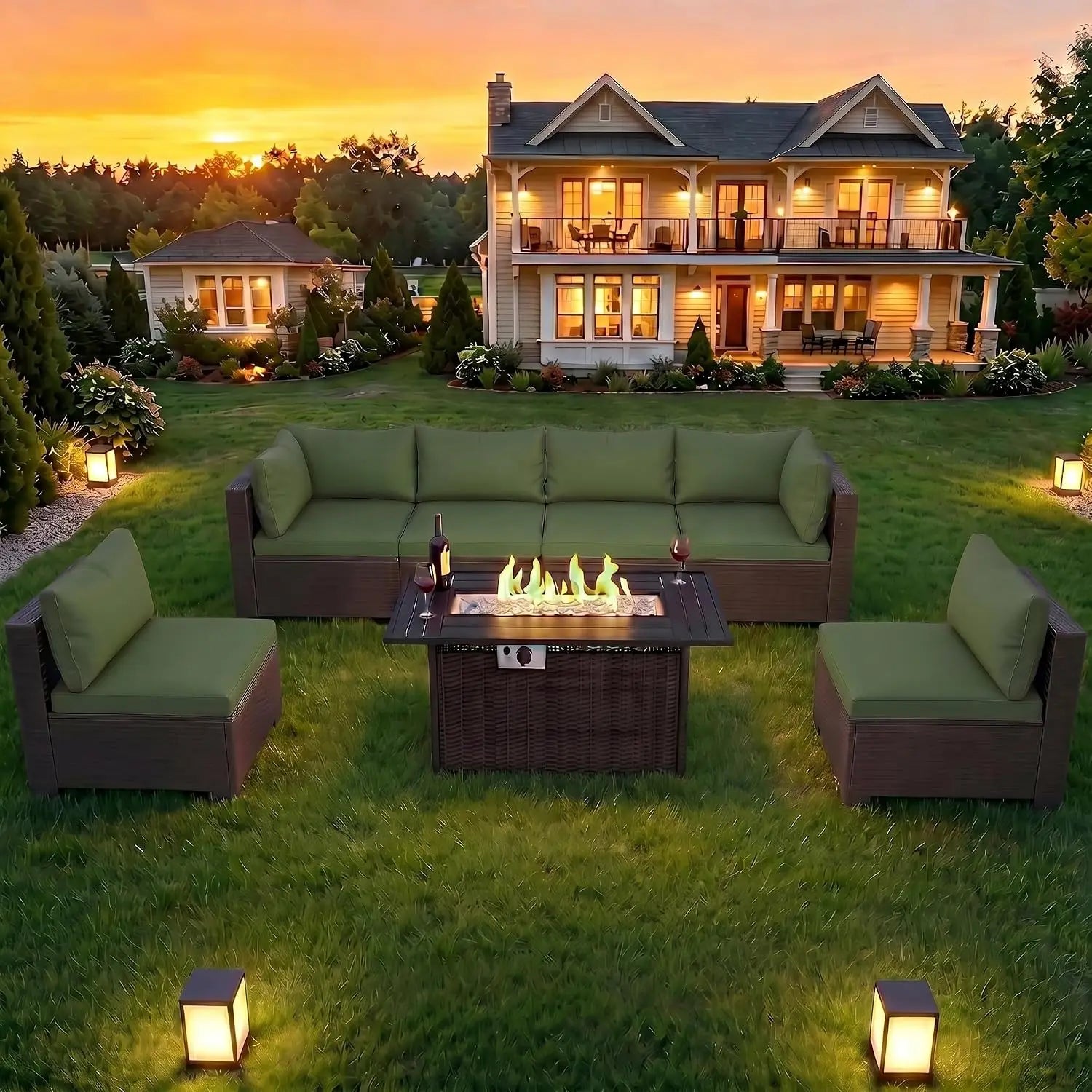 8-Piece Wicker Patio Conversation Set with 44" Propane Fire Pit Table.