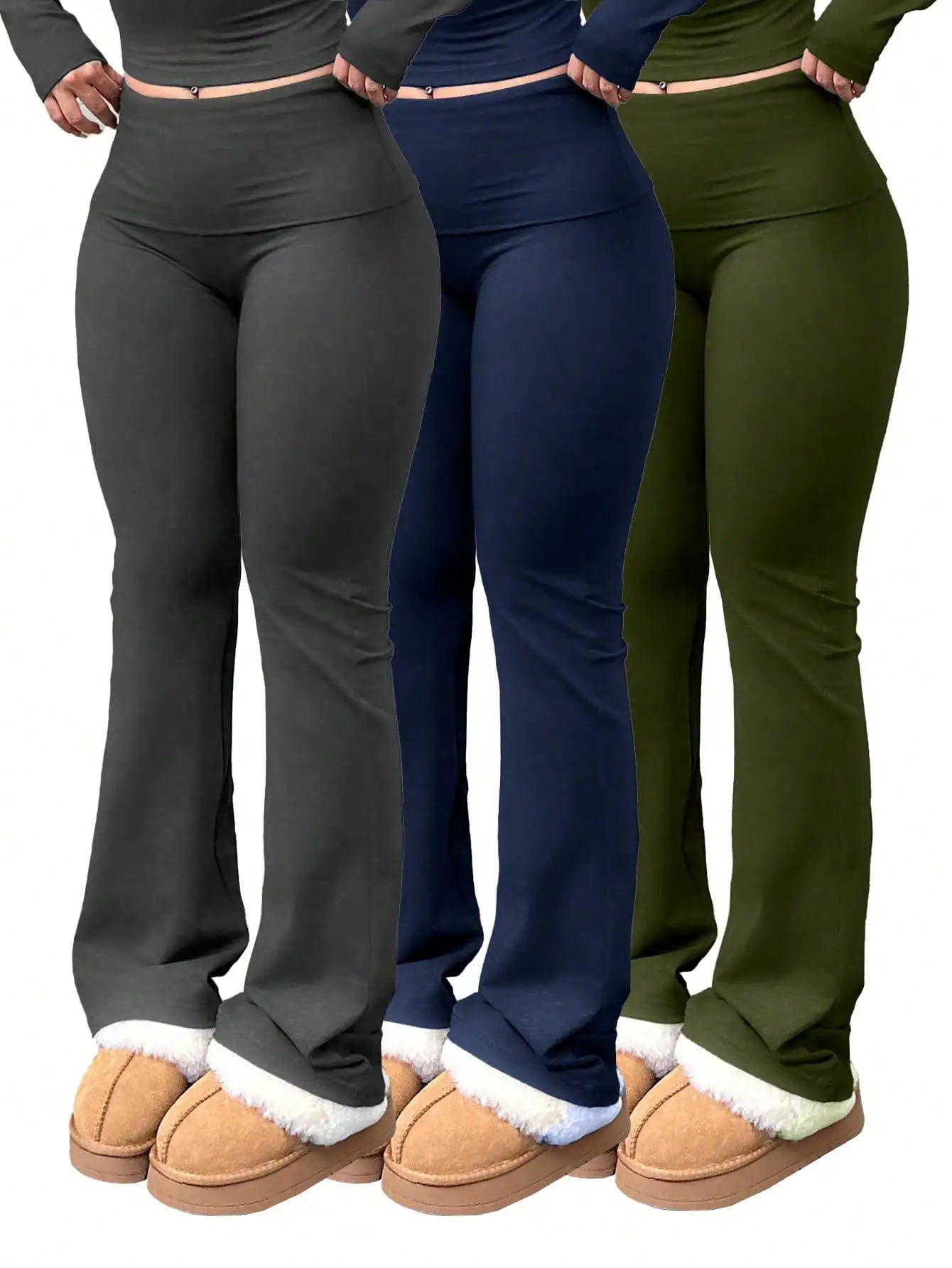 Women's high-waisted flared pants in a set of three, stylish and comfortable, from Your Outdoors n' More, displayed on a neutral background.