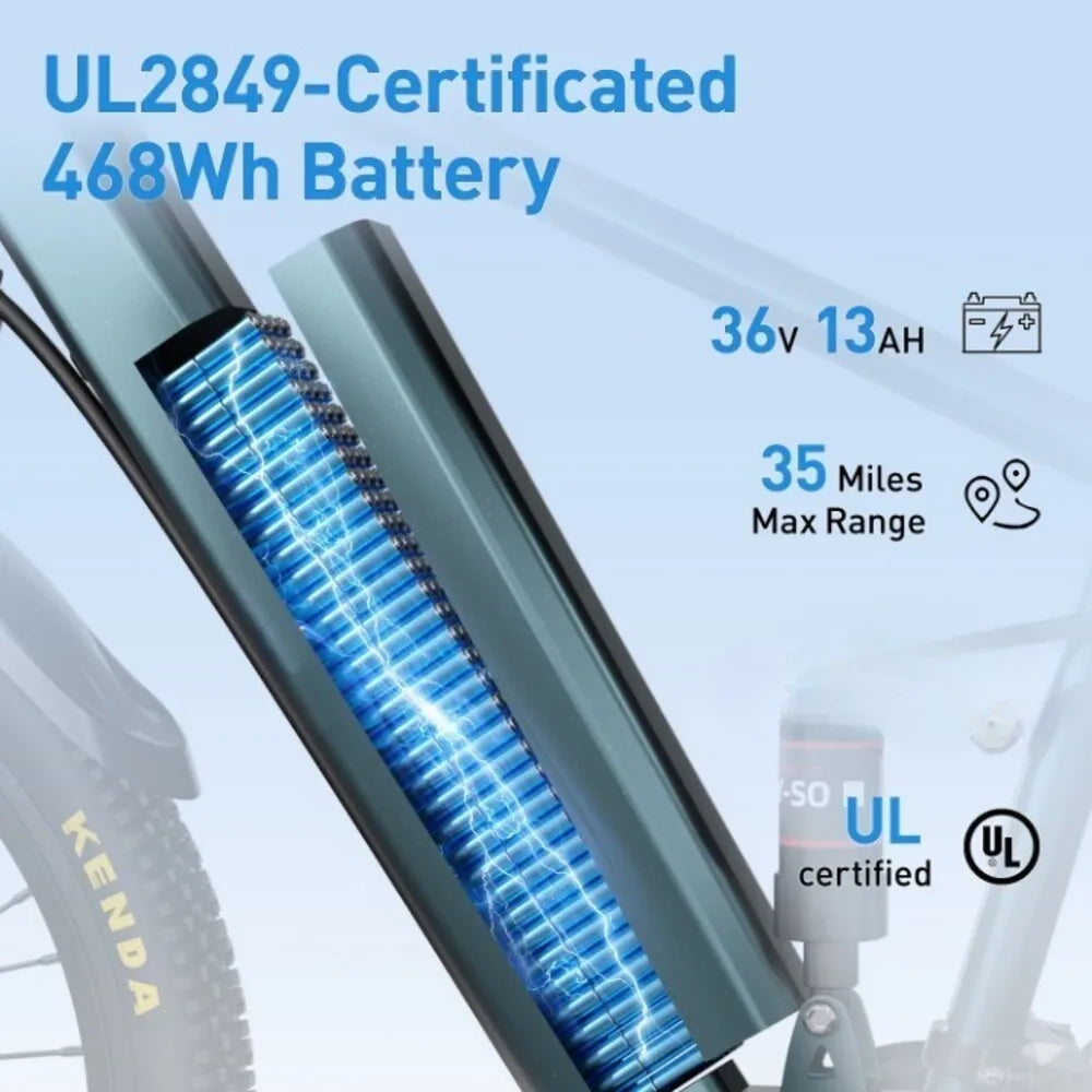 Electric mountain bike with 36V battery, 500W peak motor, and 21 speeds, designed for outdoor adventure and off-road riding.