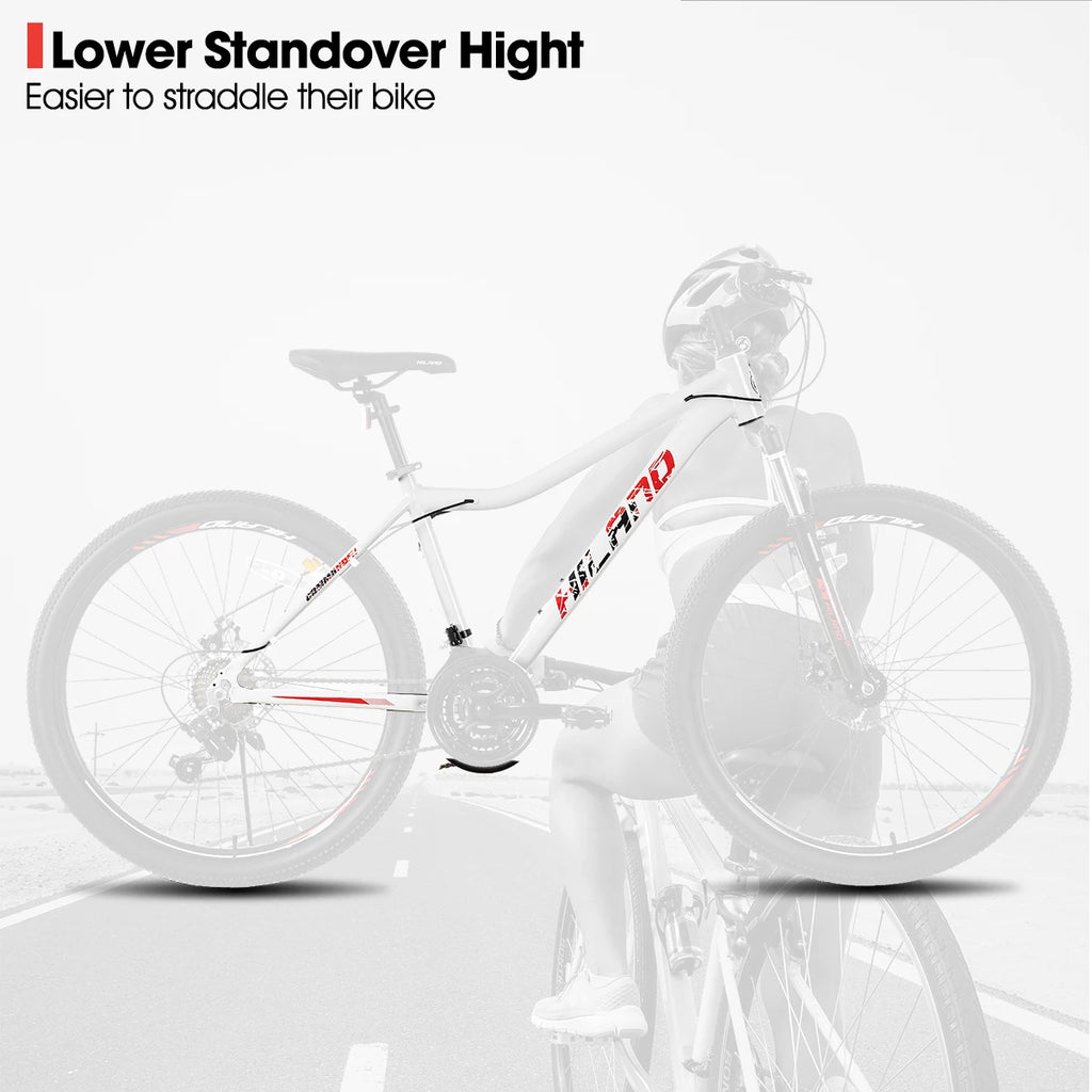 Hiland 20, 26, or 27-inch women's mountain bike with 21-speed gears and lock-out suspension fork, outdoors on trail