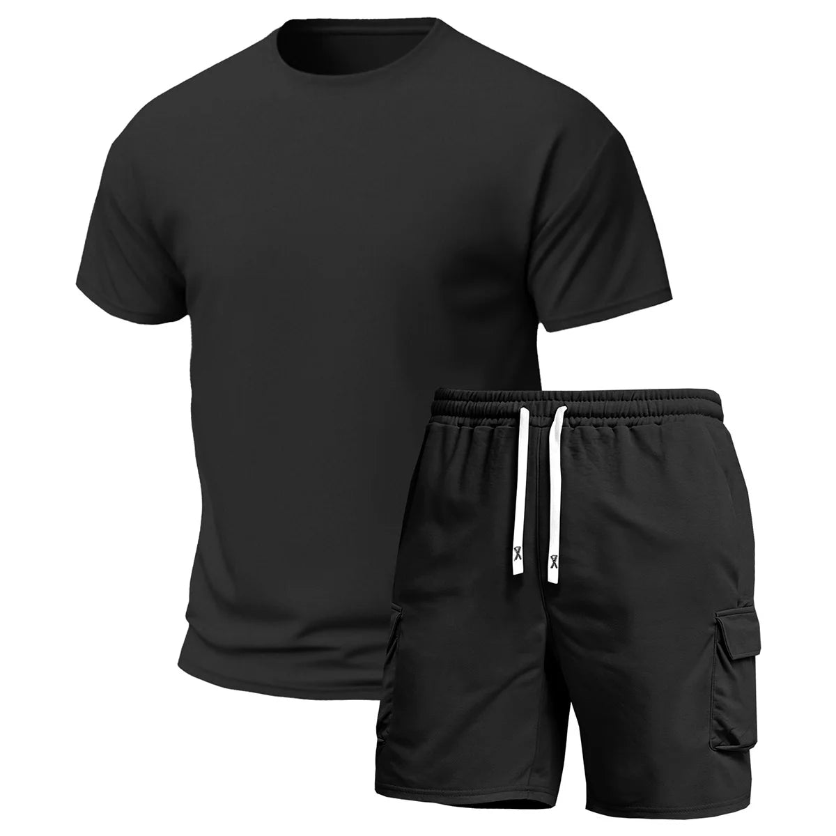 Men's multi-pocket cargo pants and short sleeve T-shirt set by Your Outdoors n' More, casual outdoor clothing, front view