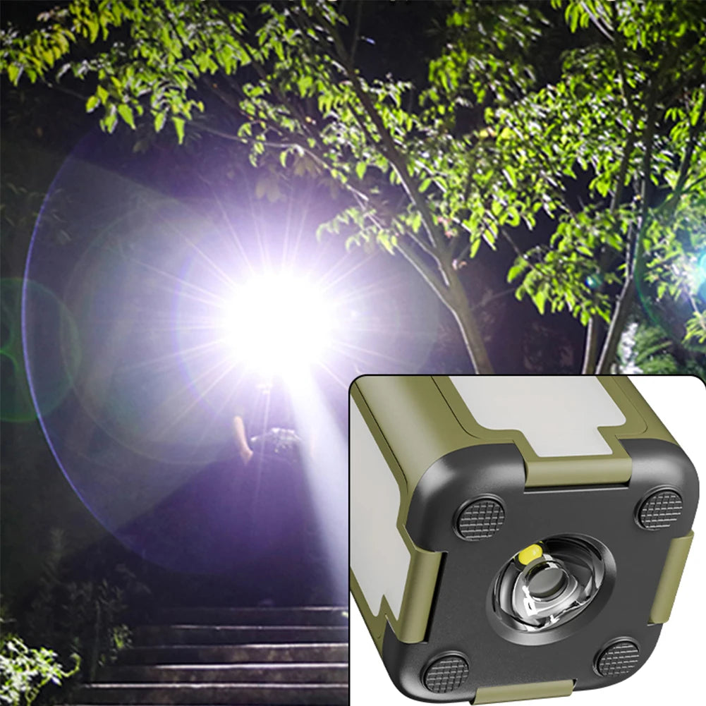 Foldable rechargeable camping light from Your Outdoors n' More, shown in compact folded and extended positions with bright LED illumination.