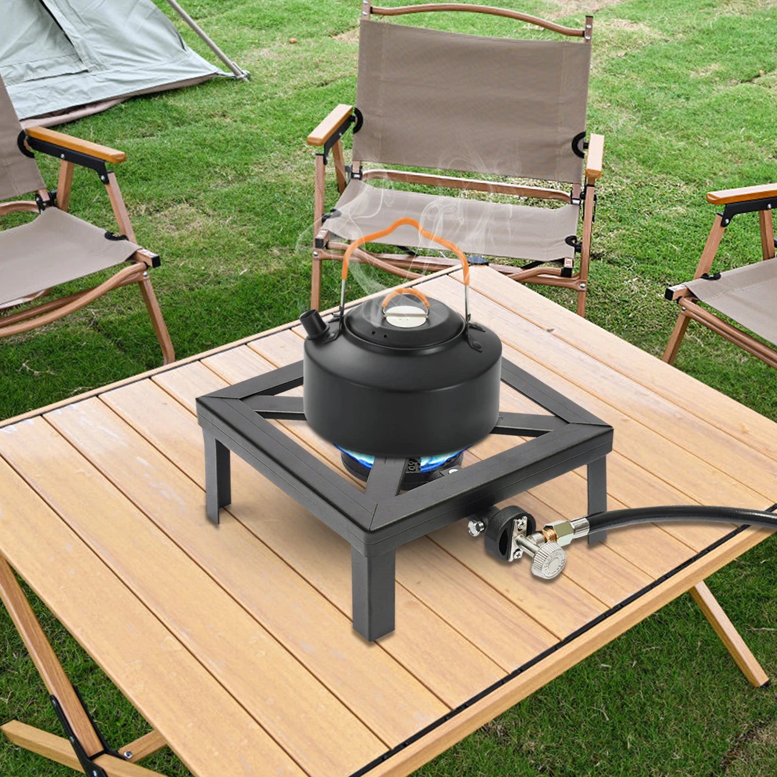 Your Outdoors n' More camping stove burner with metal control knob and compact design for outdoor cooking.