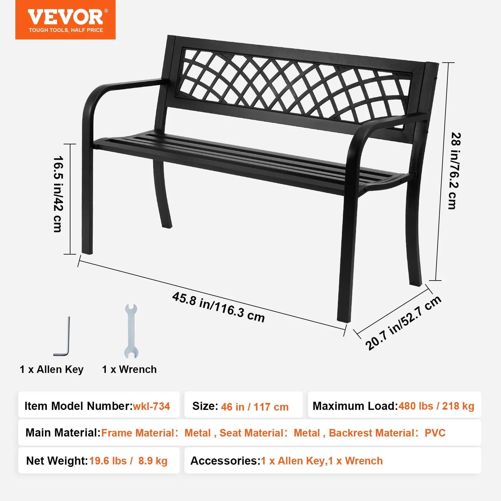 Wooden and metal garden bench for outdoor seating, featuring a sturdy frame and slatted wooden seat for garden or patio use.