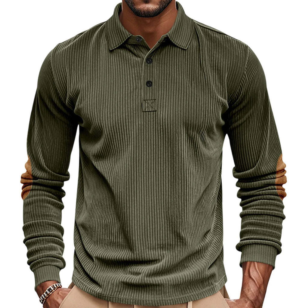 Men's casual long sleeve patchwork T-shirt with turn-down collar from Your Outdoors n' More, displayed on a neutral background.