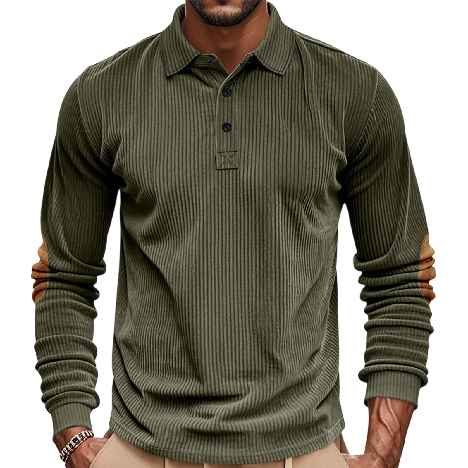 Men's casual long sleeve patchwork T-shirt with turn-down collar from Your Outdoors n' More, displayed on a neutral background.