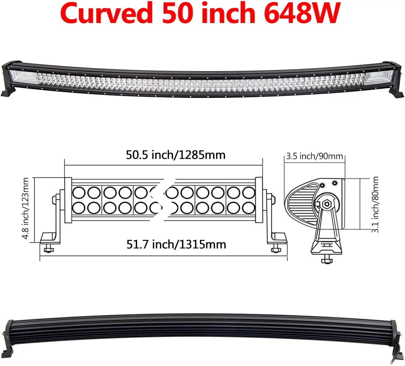 LED light bar by Your Outdoors n' More, available in curved and straight models from 22 to 52 inches, 675W and 540W.