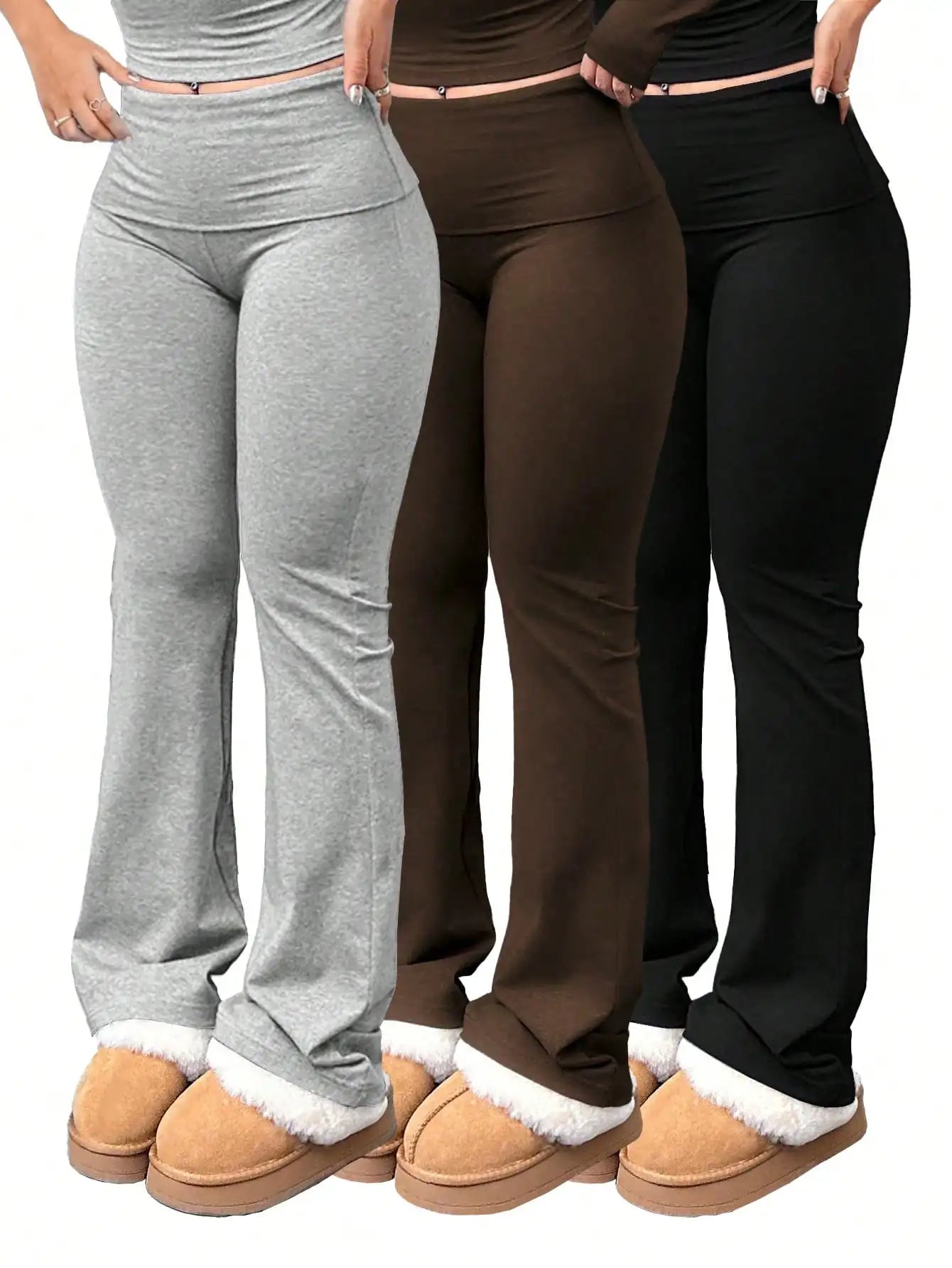 Three pairs of women's high-waisted flared pants from Your Outdoors n' More, styled with different colors on a model.
