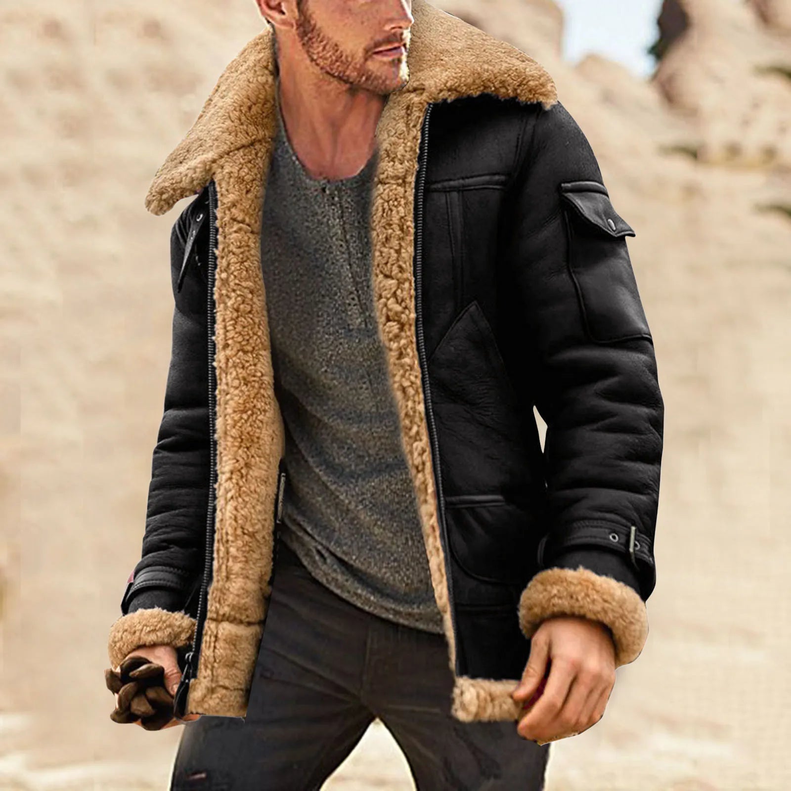 Men Plus Size Winter Scrub Leather Jackets Long Sleeve Fleece Lined Leather Jacket Vintage Thicken Padded Windbreaker Outwears