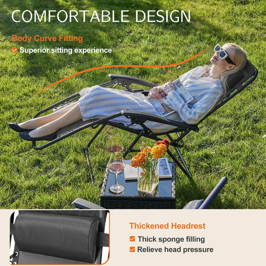 Two portable zero gravity recliners from Your Outdoors n' More, lightweight and comfortable outdoor lounge chairs.