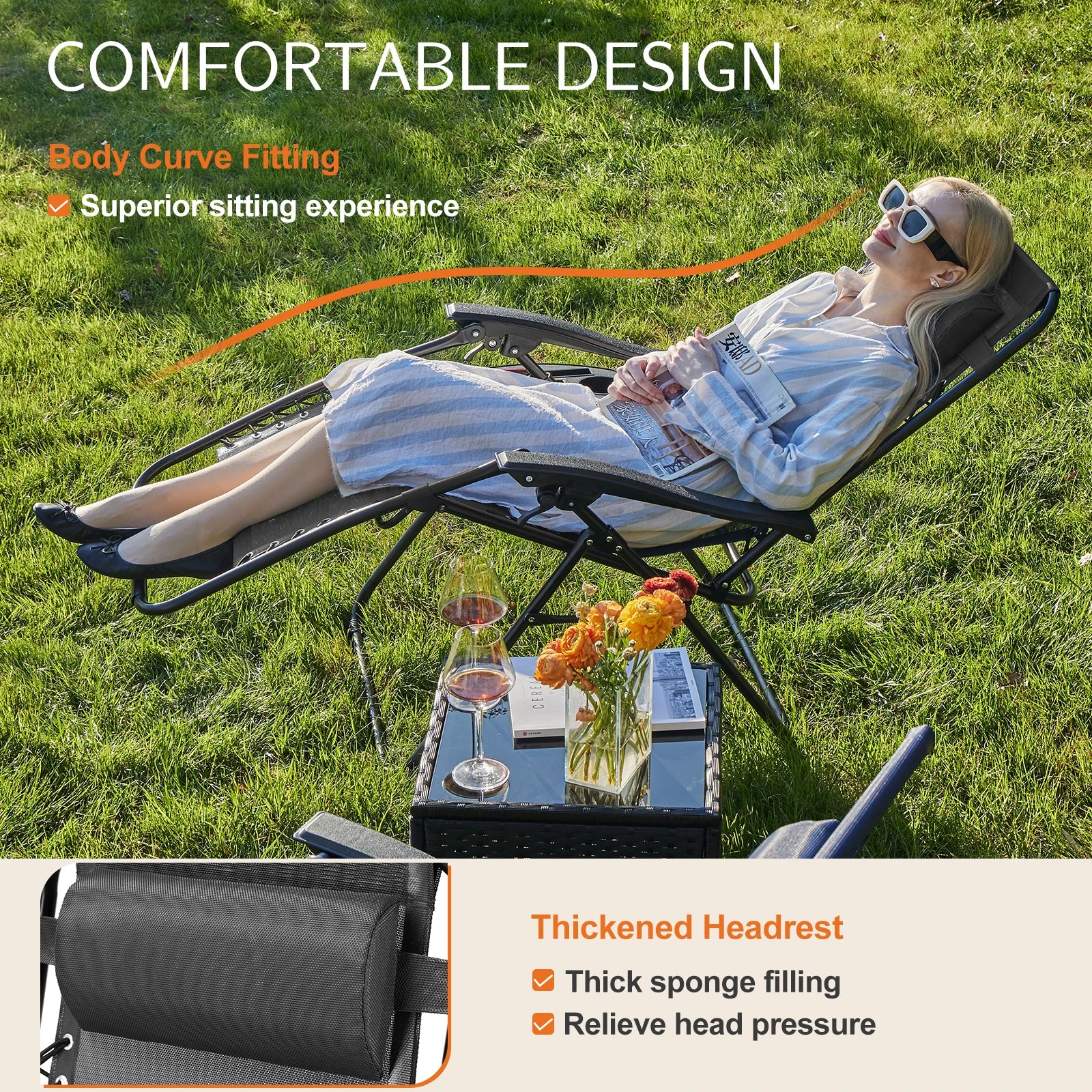 Two portable zero gravity recliners from Your Outdoors n' More, lightweight and comfortable outdoor lounge chairs.