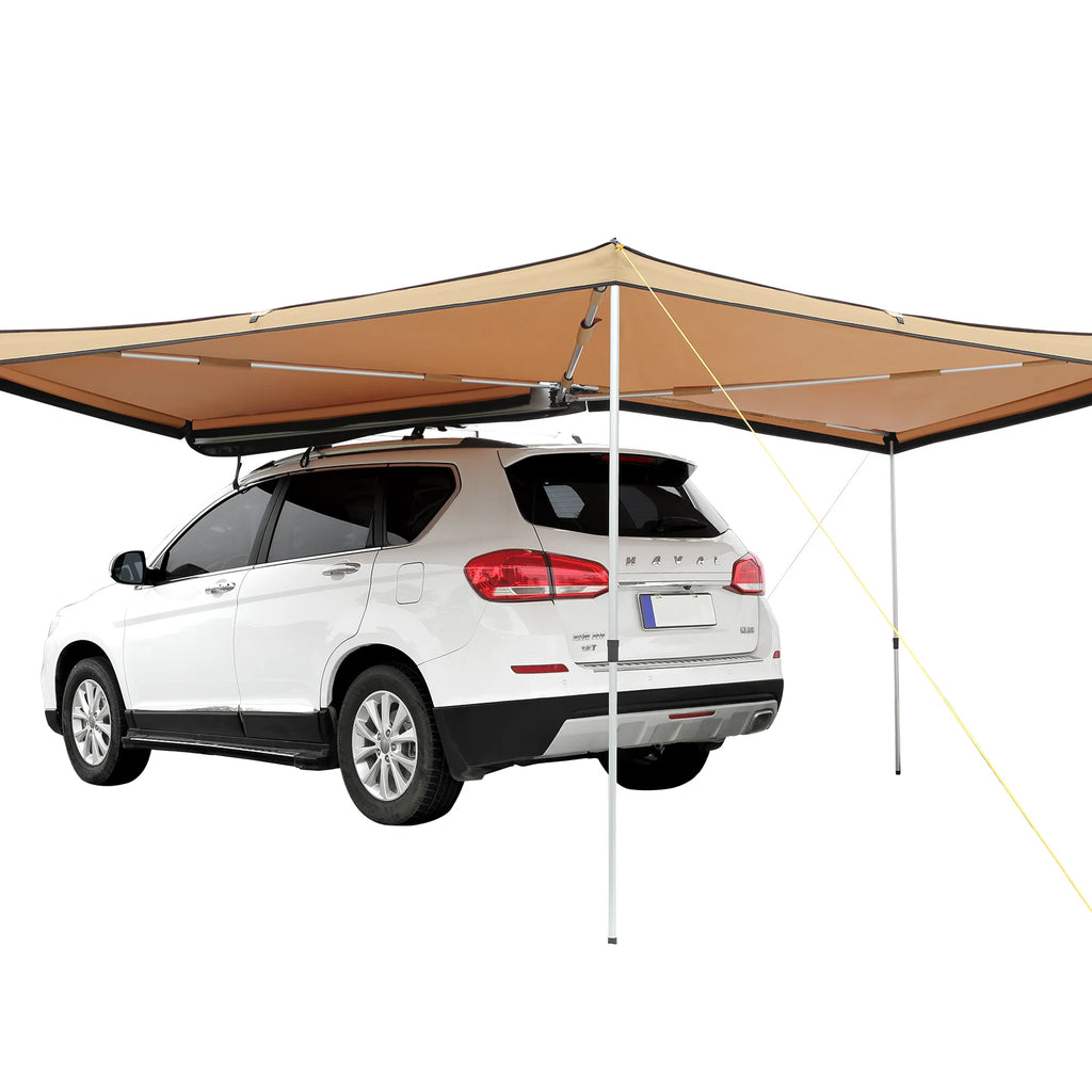 Retractable car side awning by Your Outdoors n' More, extended to provide shade and protection from sun and rain.
