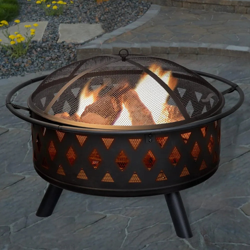 32-Inch Wood-Burning Outdoor Fire Pit with Screen, Poker, and Cover.