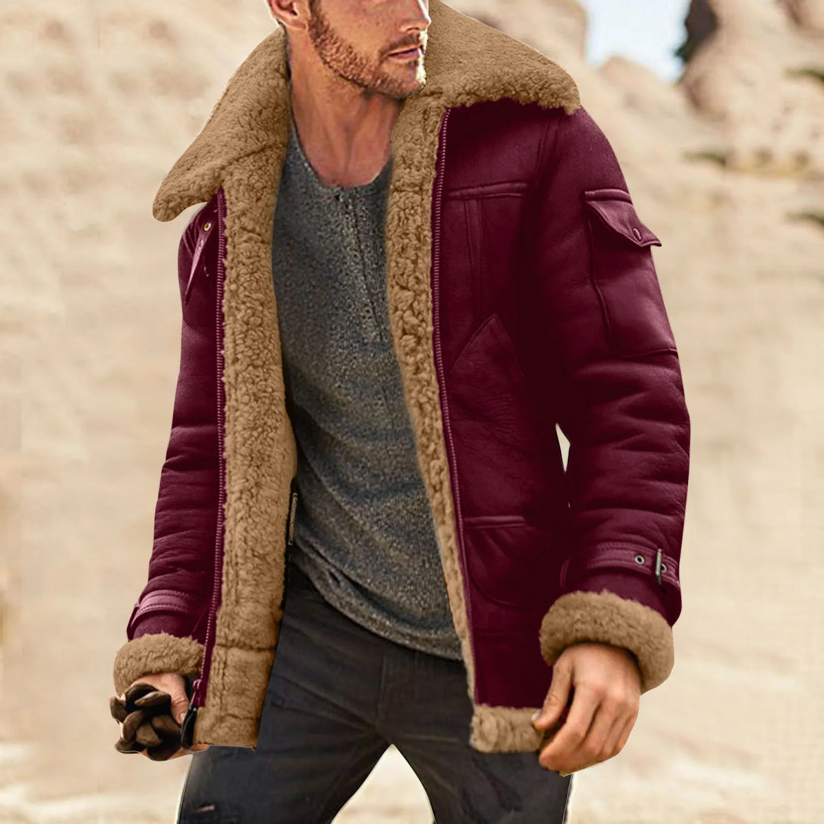 Men's plus size winter leather jacket with fleece lining, long sleeves, vintage padded windbreaker from Your Outdoors n' More.