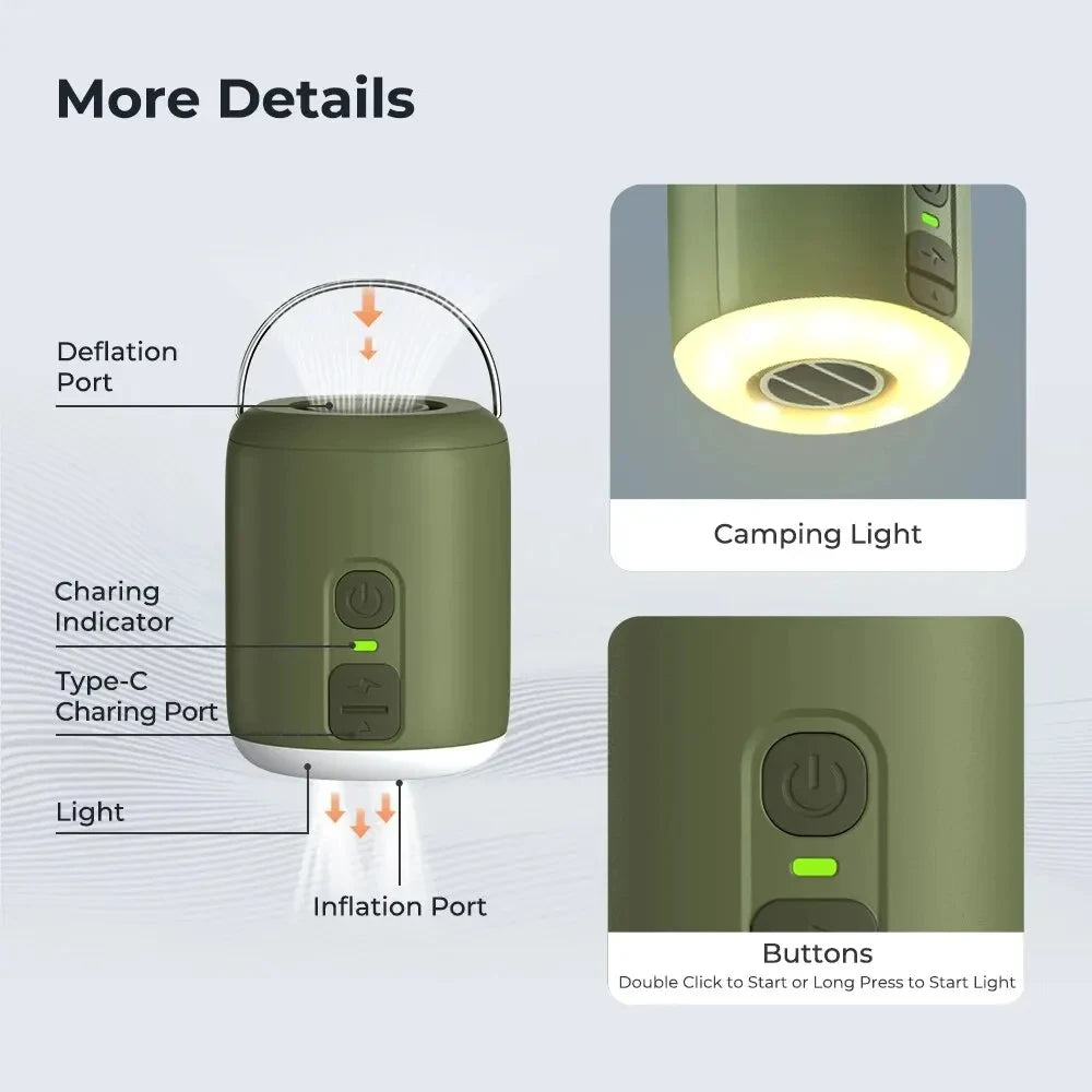 WestTune Tiny Air Pump with Camping Lantern, compact outdoor inflator and lantern for camping and outdoor adventures.