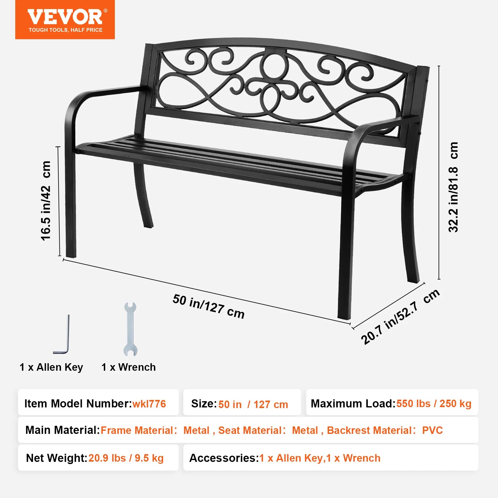 Wooden and metal garden bench for outdoor seating, featuring a sturdy frame and slatted wooden seat for outdoor relaxation.