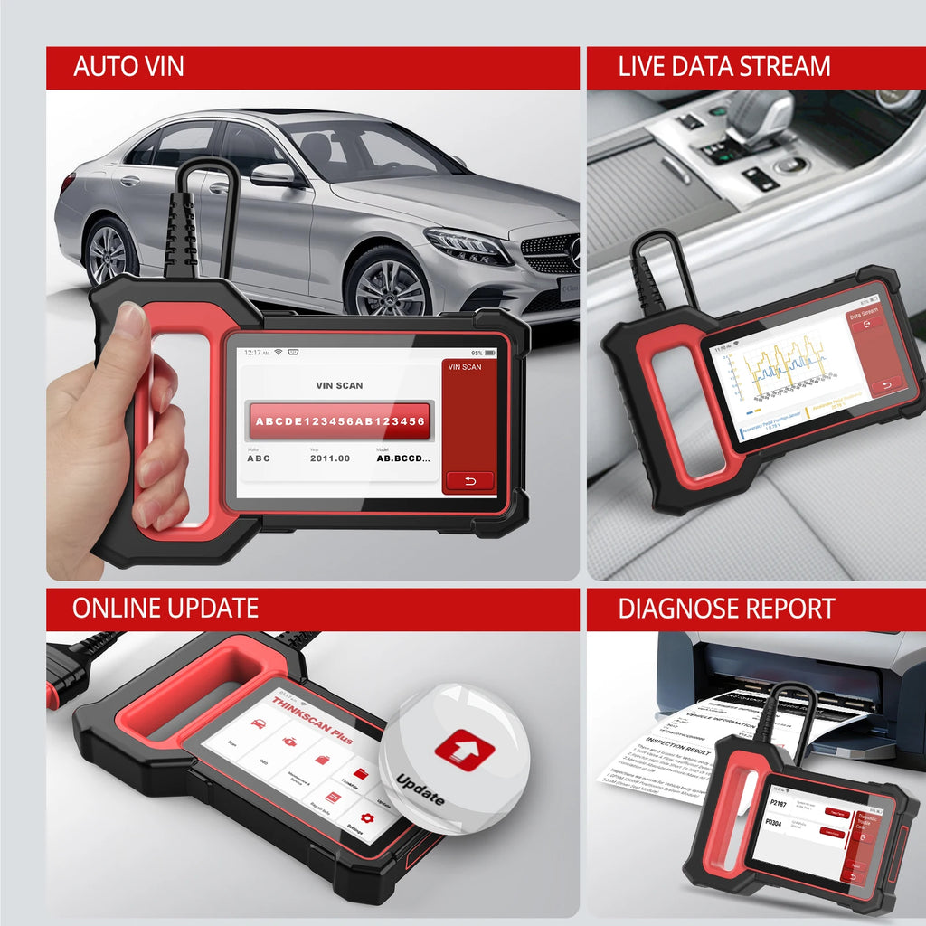 Thinkcar Thinkscan Plus S5 OBD2 scanner displaying a user interface on a digital screen with diagnostic options and connection ports