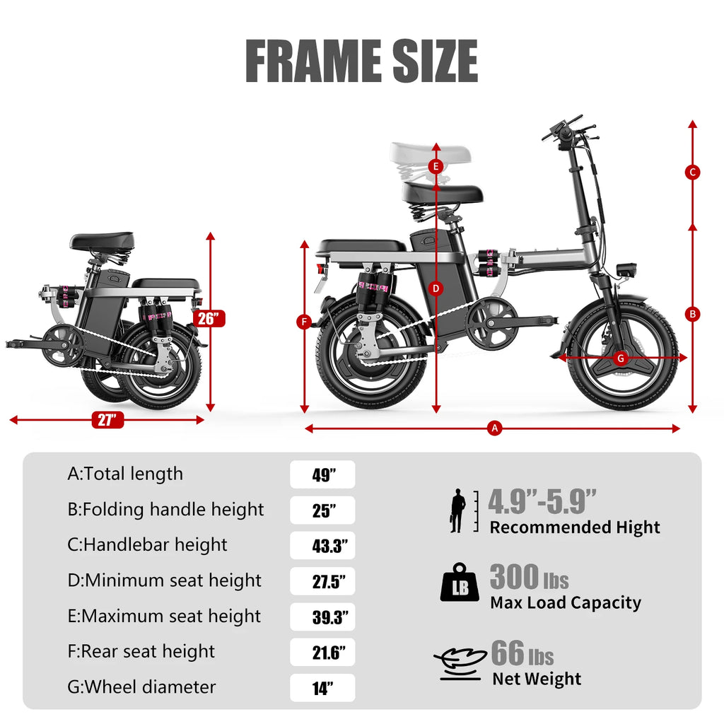 500W 14-inch electric bike by Your Outdoors n' More, featuring a sleek frame, handlebars, and battery pack for eco-friendly riding.