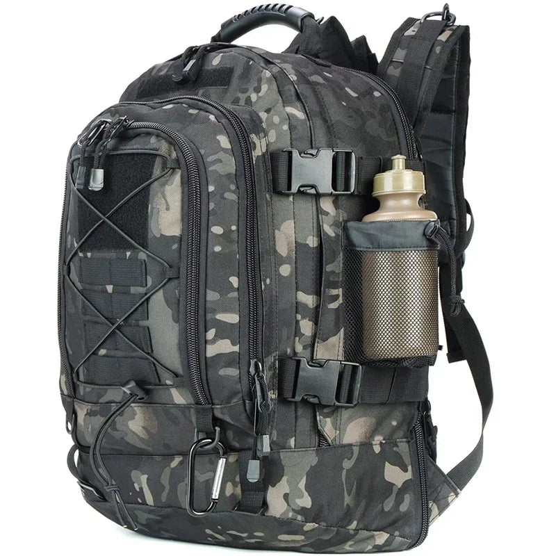 60L military tactical backpack from Your Outdoors n' More showing multiple compartments, adjustable straps, and durable camouflage fabric.