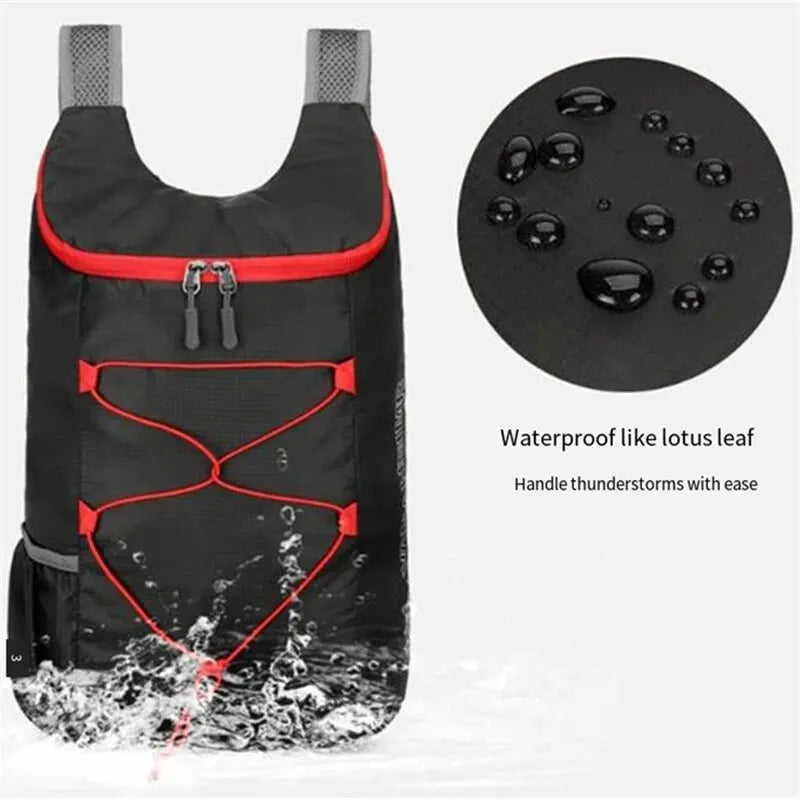 Multifunctional outdoor folding backpack by Your Outdoors n' More, showing compact design with multiple compartments for hiking and travel.