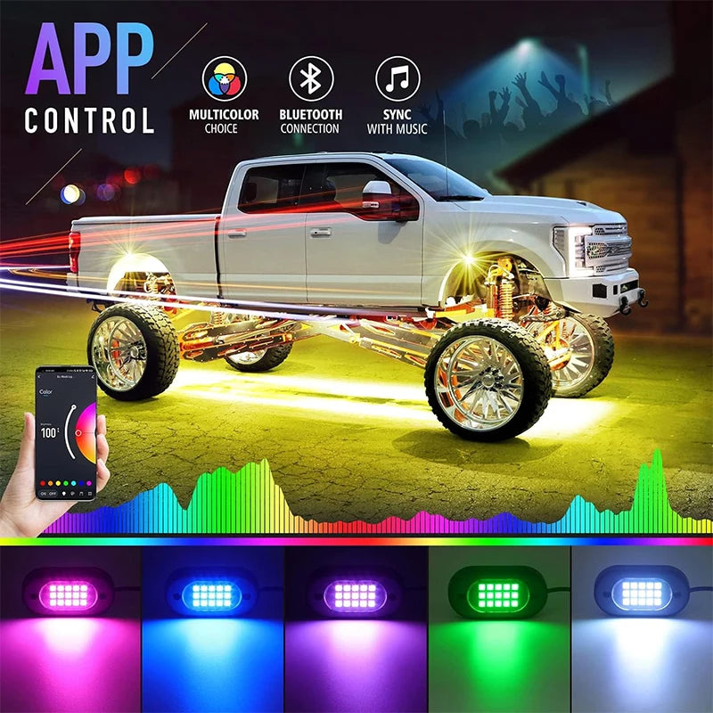 Underbody car rock lights by Your Outdoors n' More, showcasing sleek LED lights mounted underneath a vehicle for enhanced style.