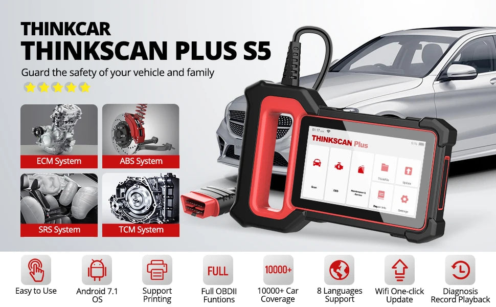 Thinkscan Plus S5 OBD2 scanner from THINKCAR, handheld device with display screen for vehicle diagnostics and code reading.