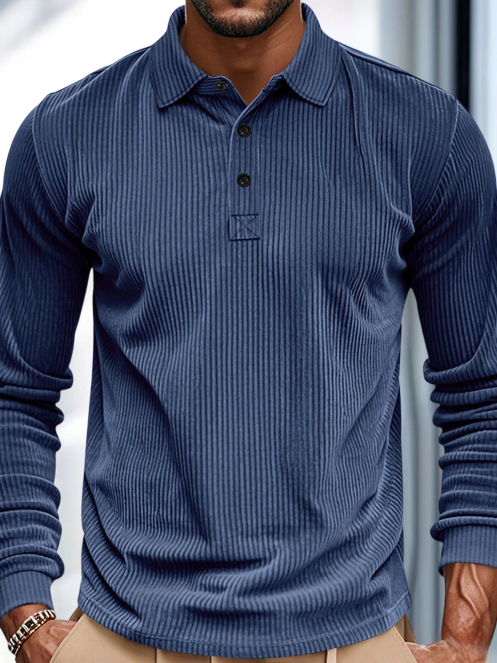 Men's casual long sleeve patchwork T-shirt with turn-down collar by Your Outdoors n' More, featuring a stylish patchwork design.