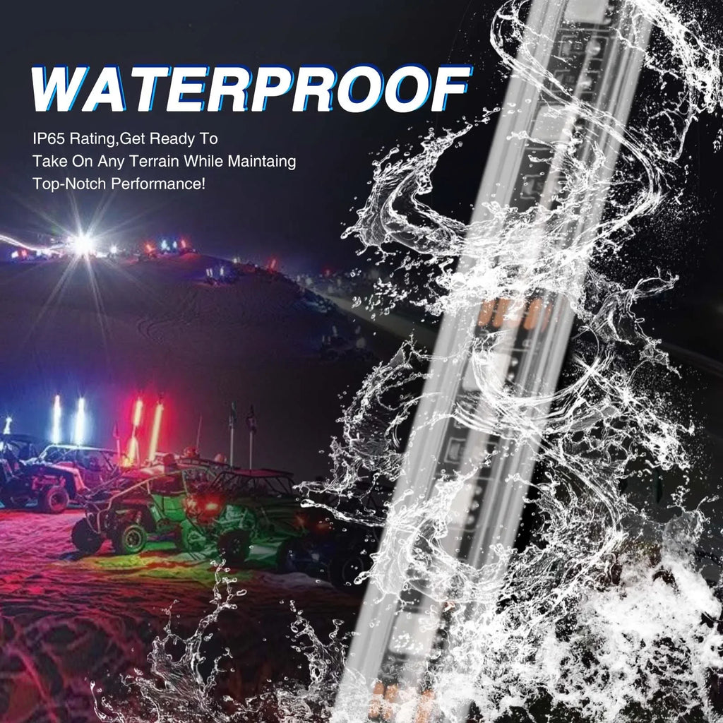 Two 4-foot spiral LED whip lights with remote control from Your Outdoors n' More, designed for outdoor vehicle lighting.