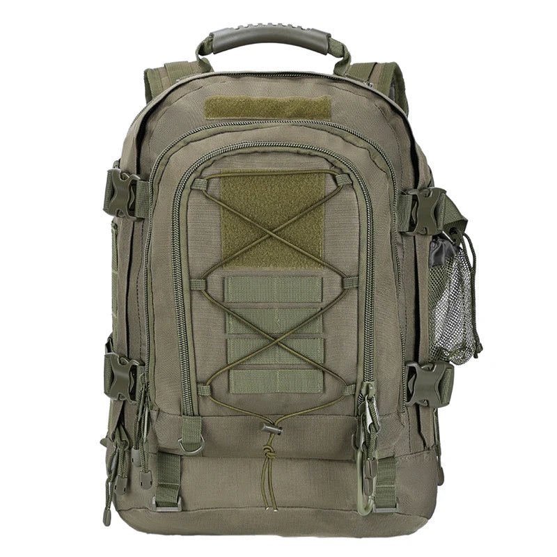 Large capacity LQARMY 65L outdoor tactical hiking backpack with multiple compartments, rugged military design, suitable for camping and travel