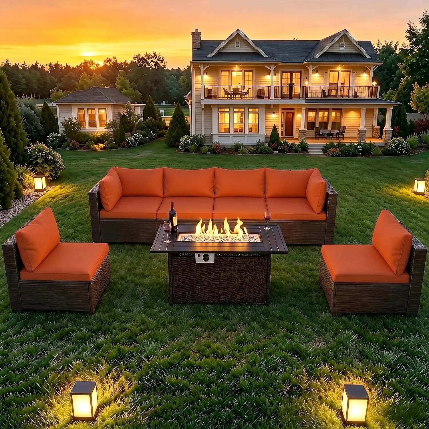8-Piece Wicker Patio Conversation Set with 44" Propane Fire Pit Table.