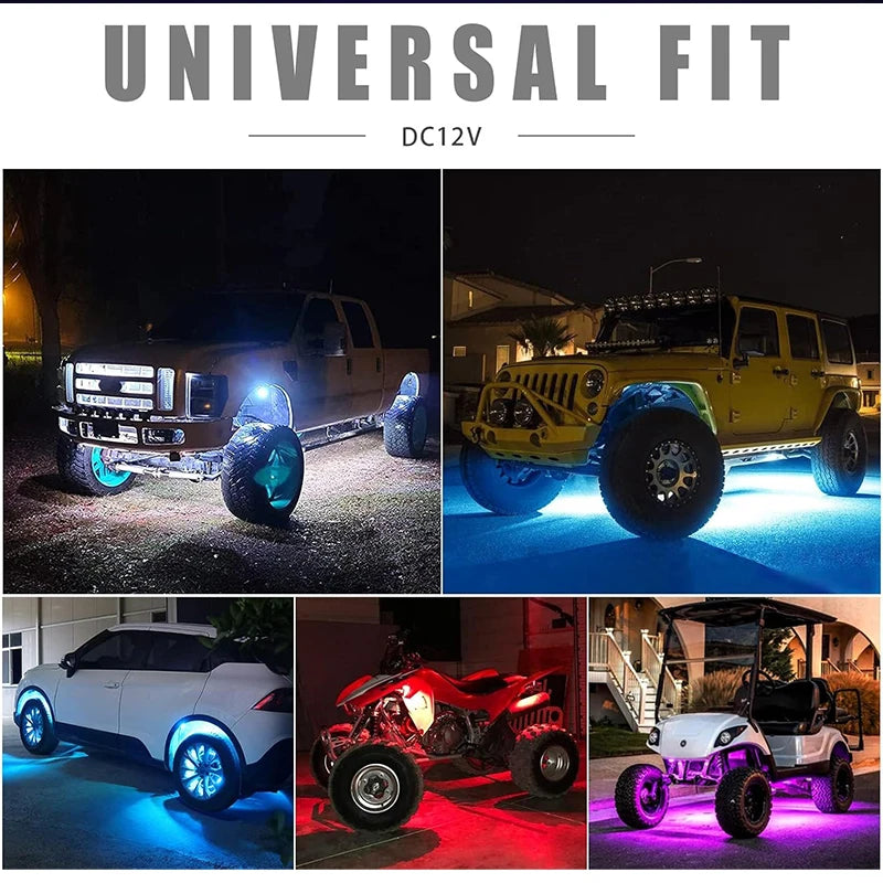 Underbody rock lights installed on a car, showcasing vibrant LED lighting from Your Outdoors n' More for outdoor adventure vehicles.