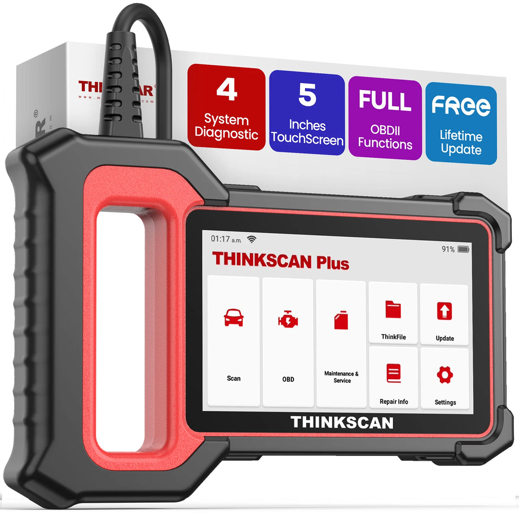 Thinkscan Plus S5 OBD2 scanner by THINKCAR shown connected to a vehicle's diagnostic port with a digital display reading codes.