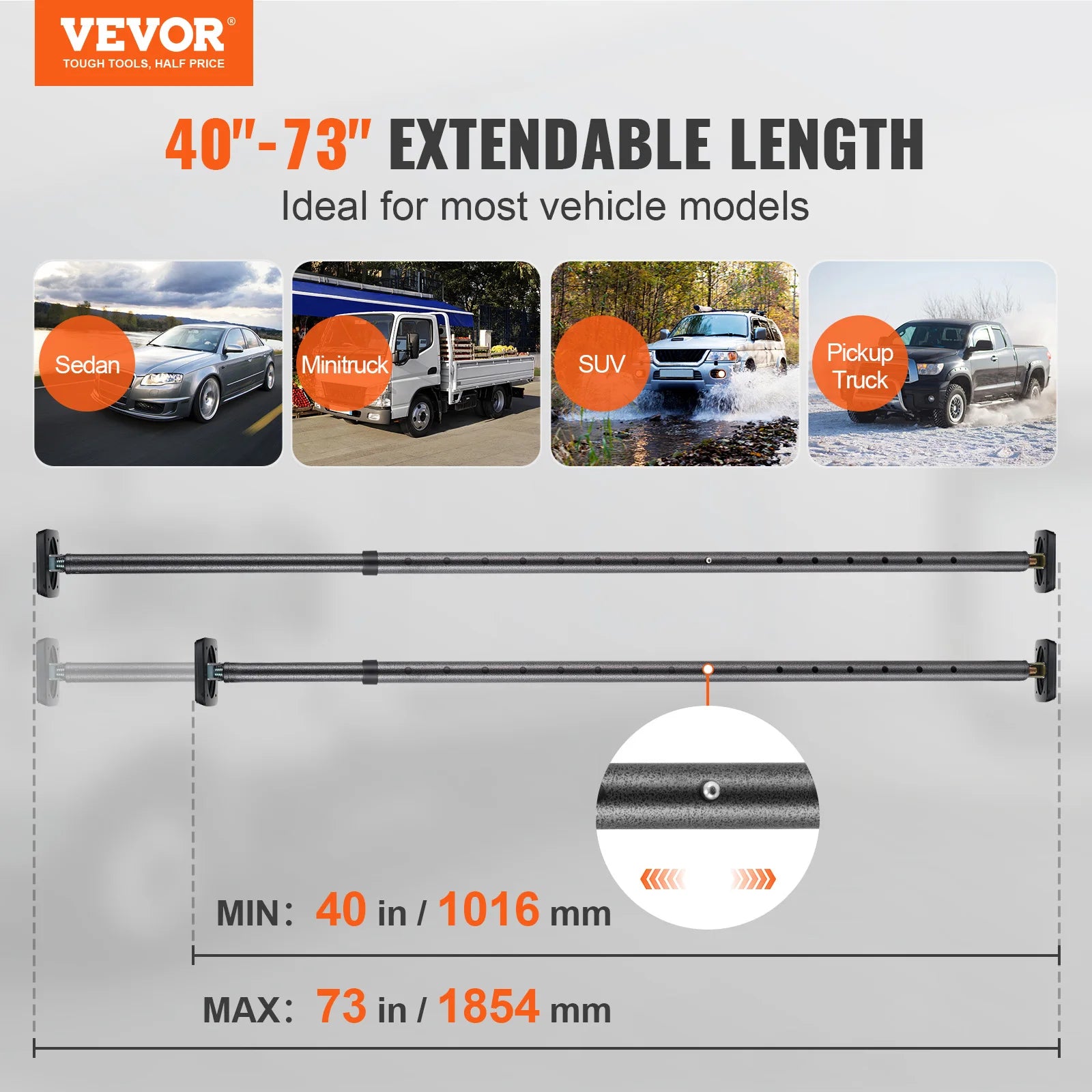Adjustable cargo/truck bed bar from Your Outdoors n' More, extending 40 to 73 inches for secure vehicle storage.