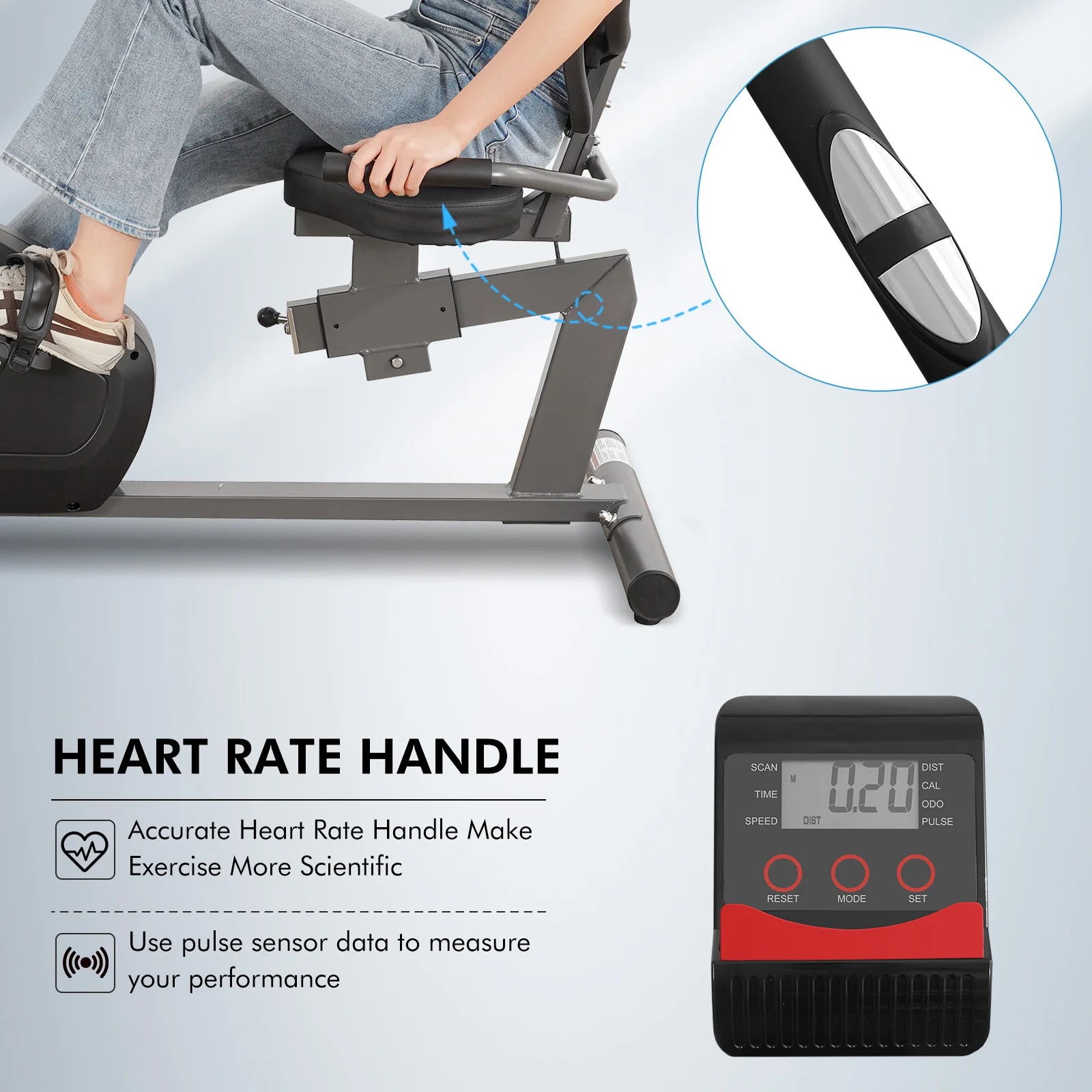 Recumbent exercise bike for home use by Your Outdoors n' More, showing the adjustable seat and digital display.