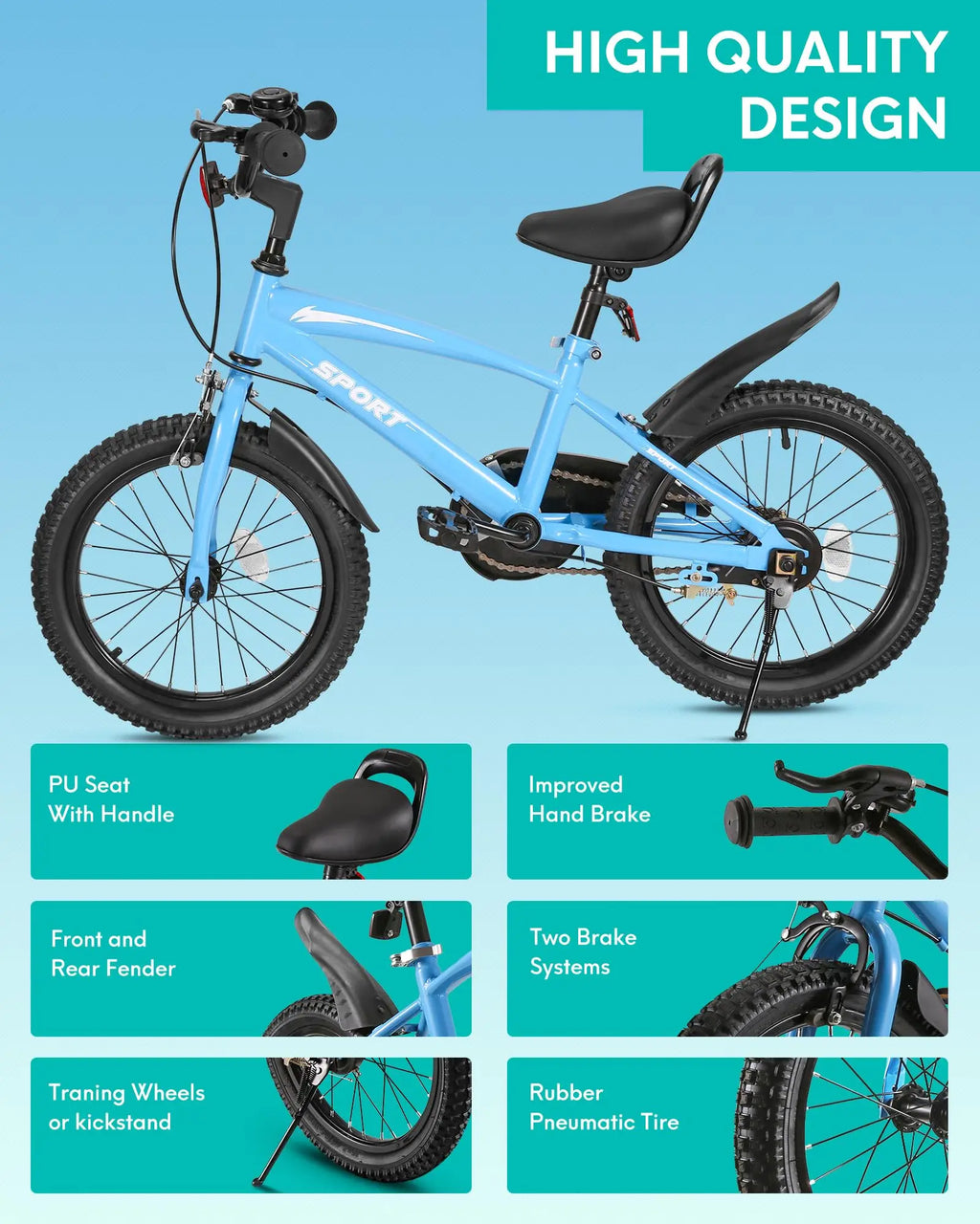 16 Inch Kids Bike with Training Wheels & Kickstand.