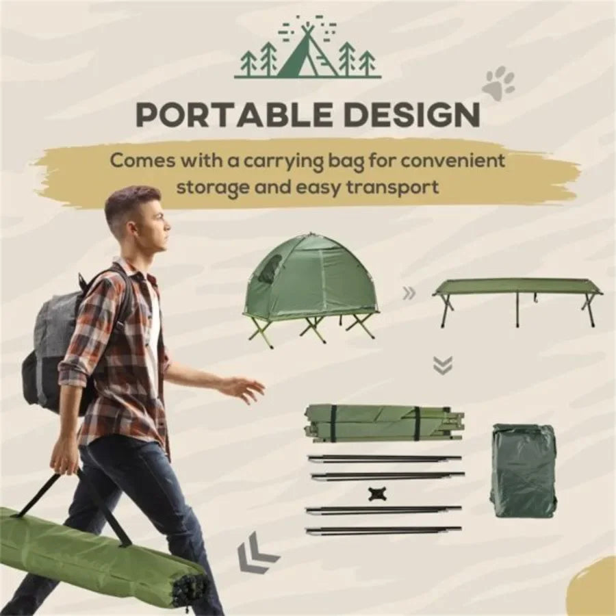 2-in-1 camping set includes a camping tent and an elevated cot.