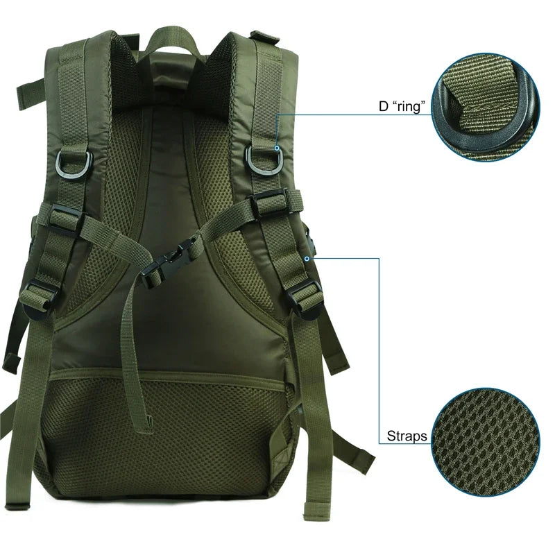 Travel hiking backpack from Your Outdoors n' More with multiple compartments, adjustable straps, and durable fabric for outdoor adventures.