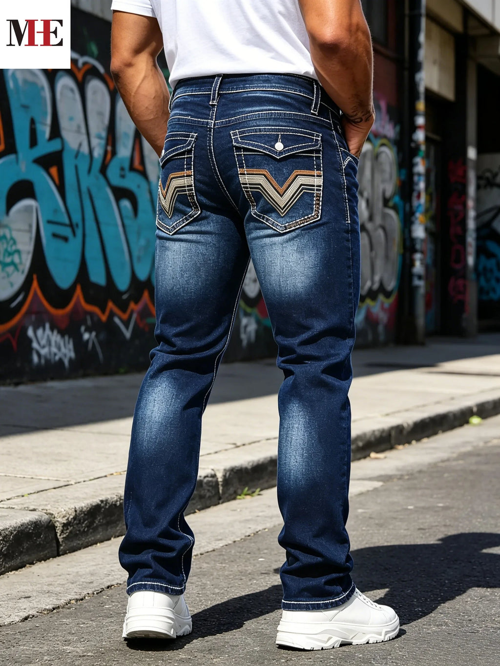 Dark blue whisker wash slim boot cut denim pants.