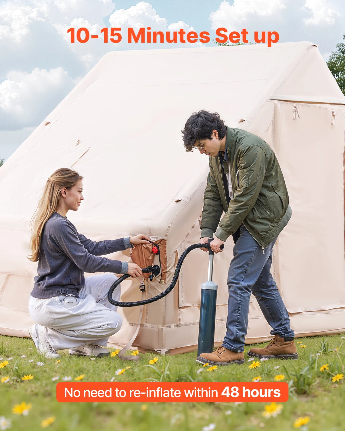 Inflatable camping tent by Your Outdoors n' More set up outdoors with open door and visible interior, perfect for quick camping setup.