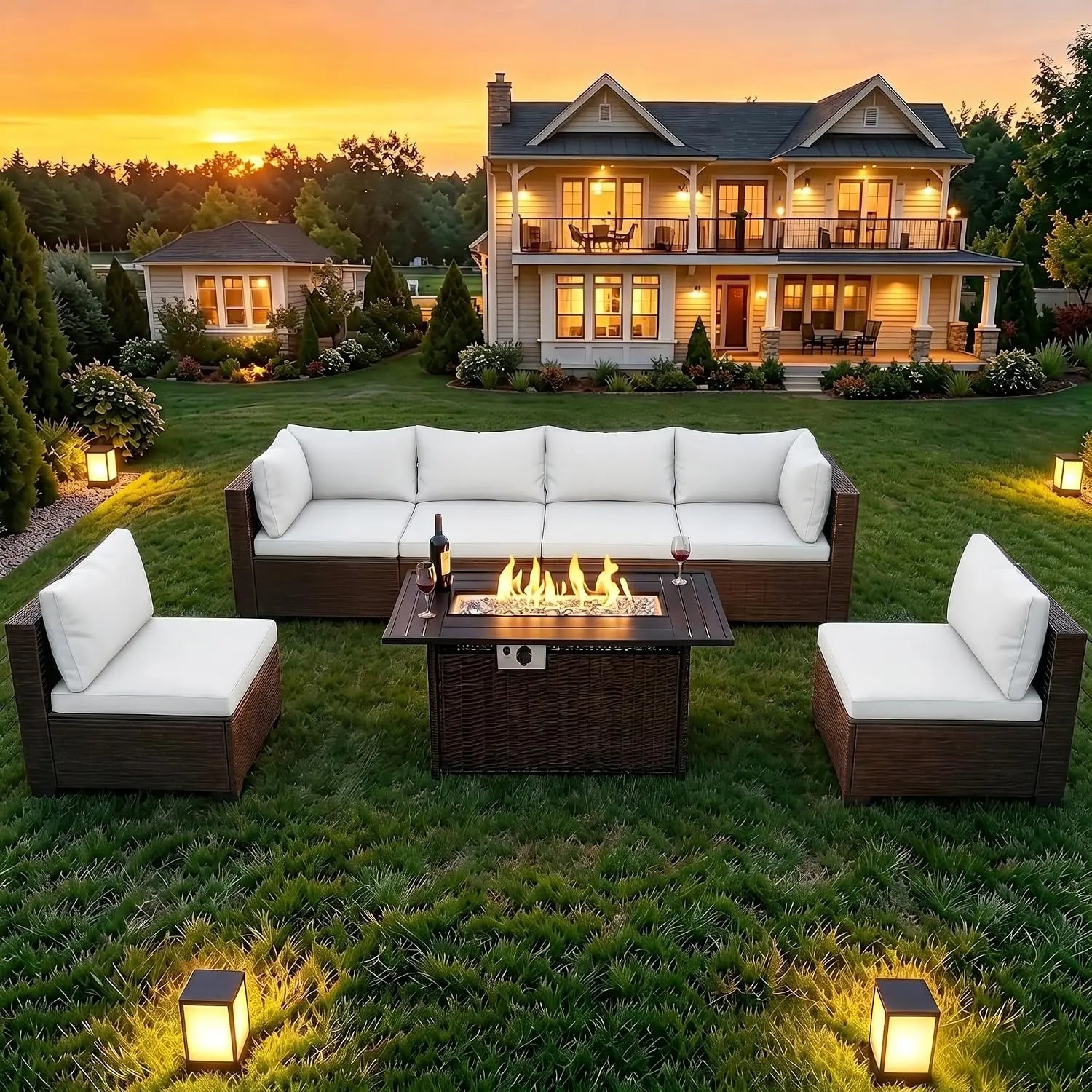 8-Piece Wicker Patio Conversation Set with 44" Propane Fire Pit Table.
