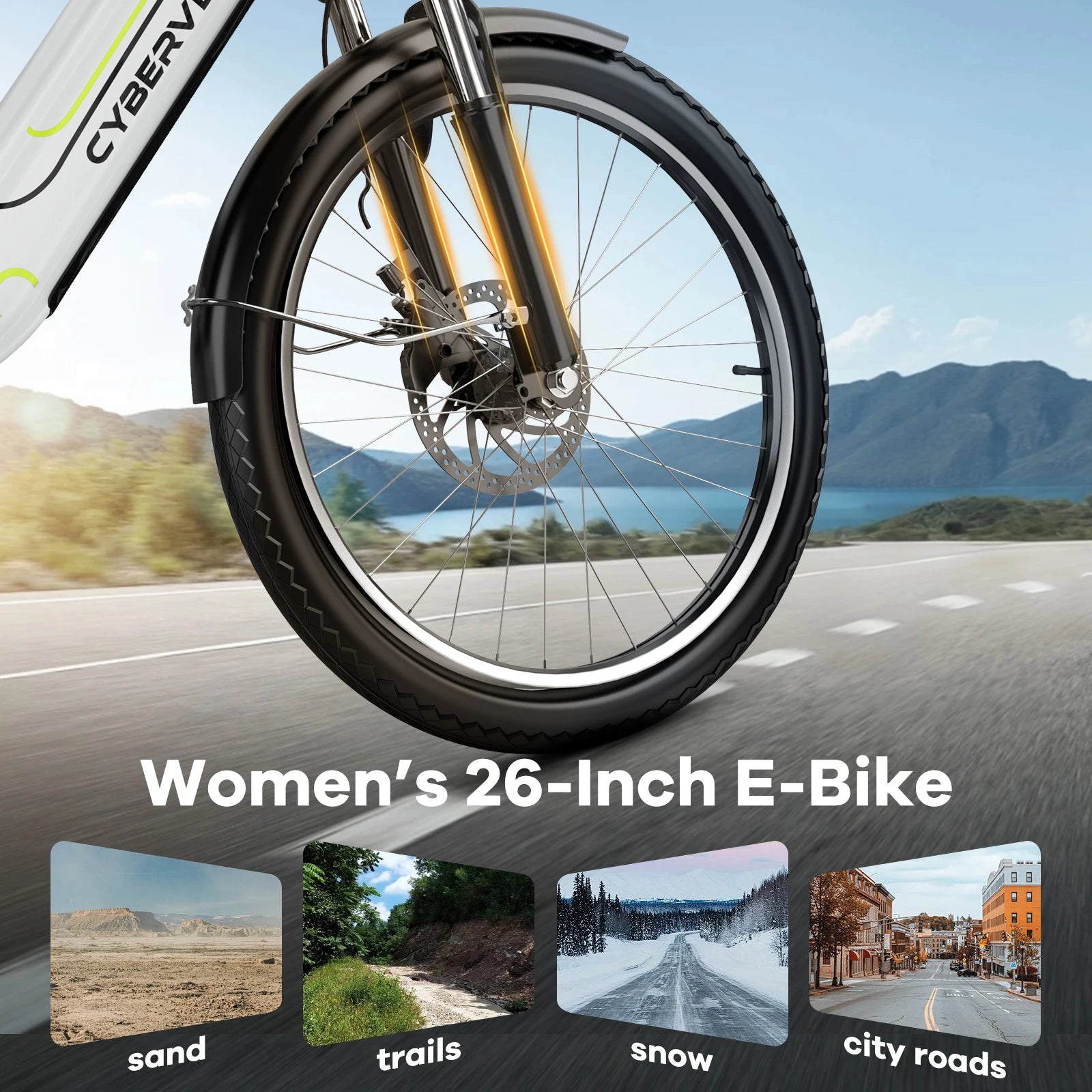 26-inch electric e-bike with 7-speed gears from Your Outdoors n' More, featuring a sleek frame and battery for up to 80 miles of travel.