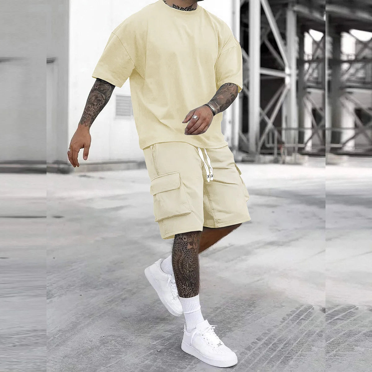 Men's cargo pants and short sleeve T-shirt set by Your Outdoors n' More, featuring multiple pockets and casual outdoor style.